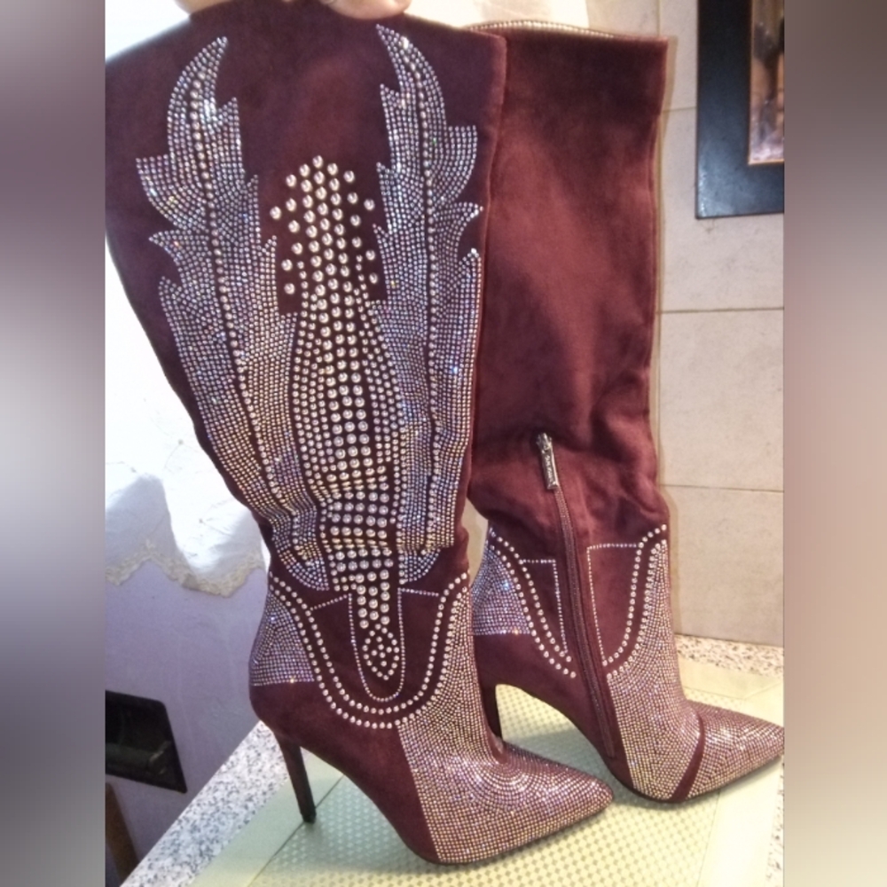 Elegant Brown Rhinestone Knee-High Boots